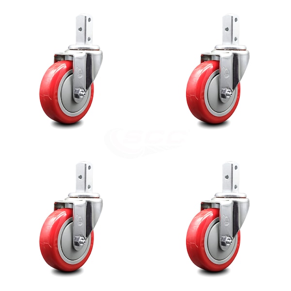 4 Inch Red Polyurethane Wheel Swivel 7/8 Inch Square Stem Caster Set SCC